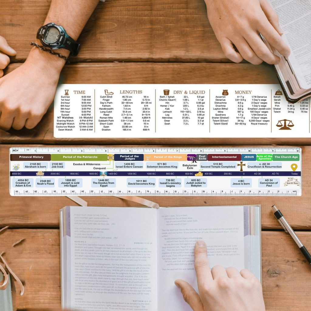 Two Bible timeline rulers on a desk beside an open Bible during personal study