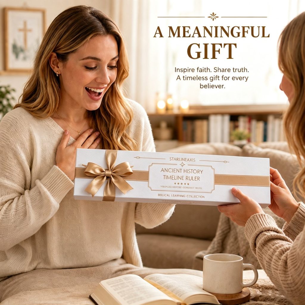 A woman receiving the boxed Bible timeline ruler as a meaningful Christian gift