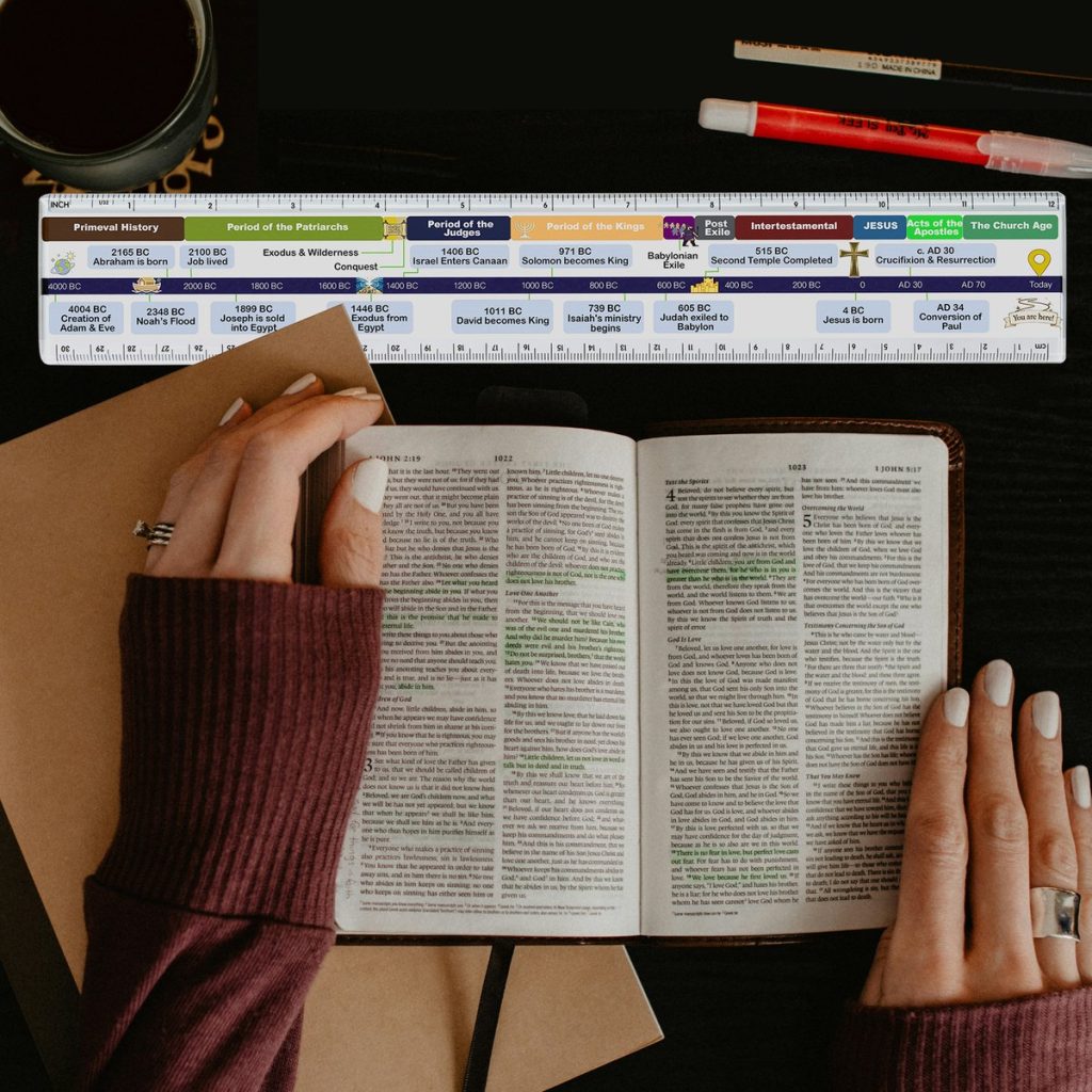 A reader's hands on an open Bible with the Bible timeline ruler above it, used as a study bookmark