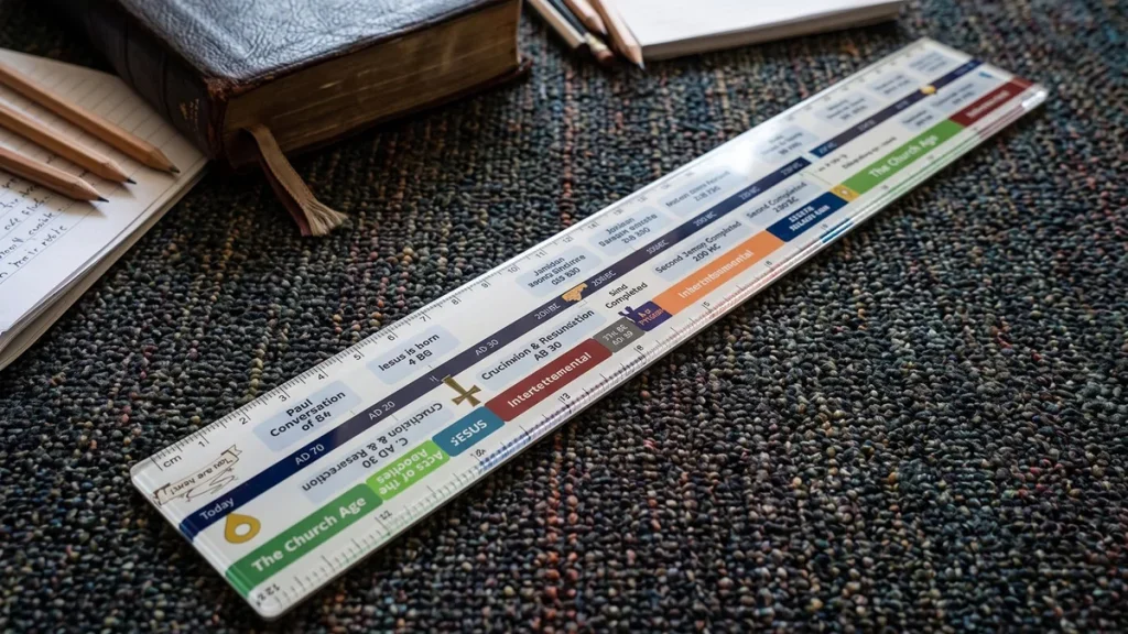 Bible history timeline ruler lying on a desk beside an open Bible and pencils, showing the eras of the Bible from Abraham to the Church Age