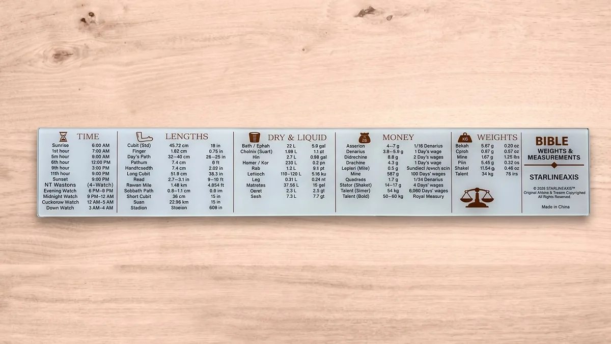 Back of the Bible ruler showing how long is a cubit and other biblical unit conversions for time, lengths, dry and liquid measures, money and weights