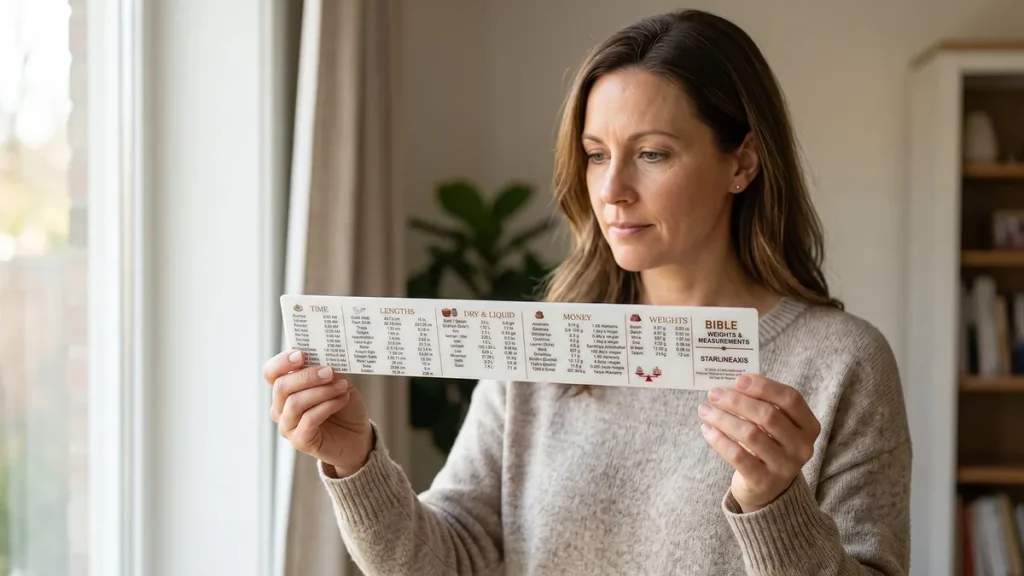 Woman holding a Bible weights and measures reference ruler with time, length, liquid, money and weight conversions