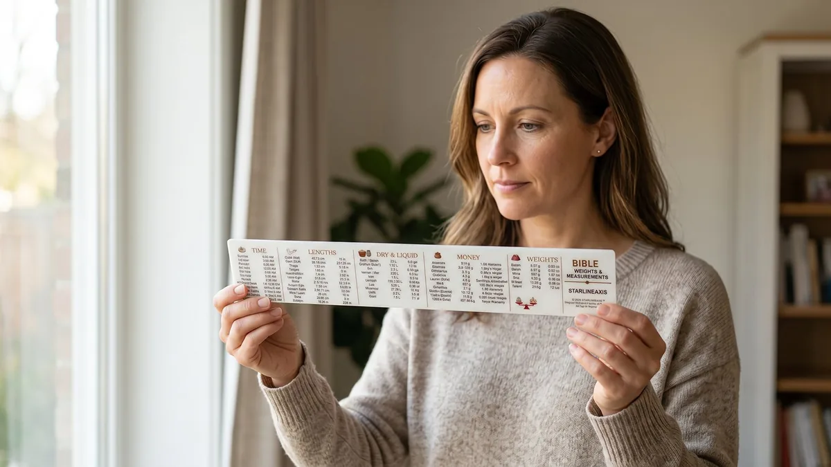 Woman holding a Bible weights and measures reference ruler at home, showing time, lengths, liquid measures, money and weights
