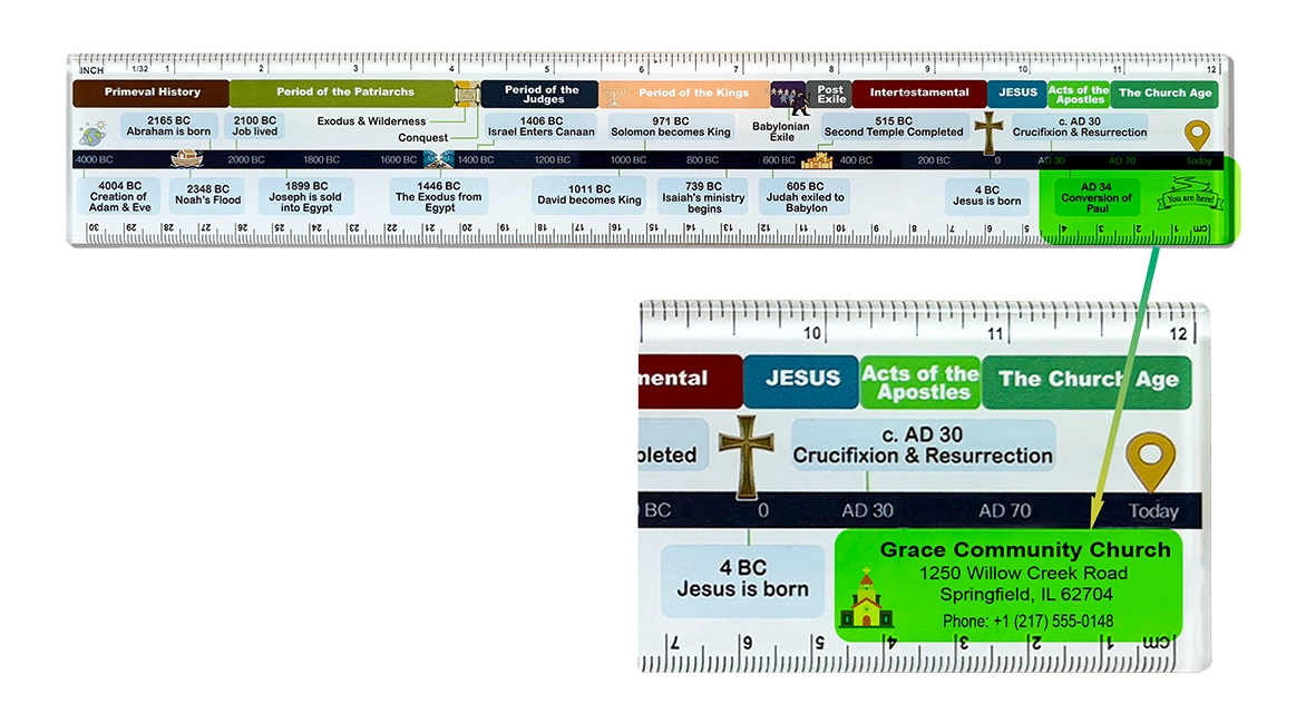 Custom printed Bible timeline ruler showing a church name, address and phone on the timeline