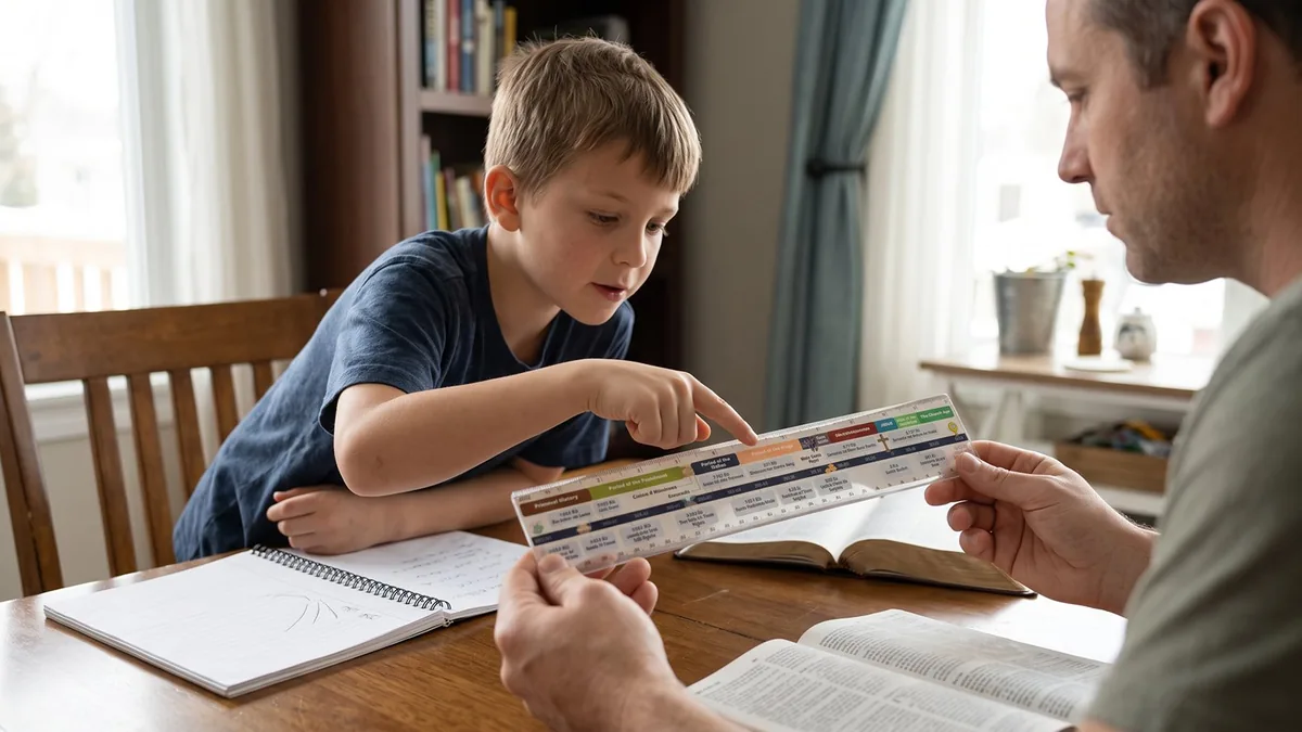 Father and son pointing at a Bible timeline ruler beside an open Bible at the kitchen table