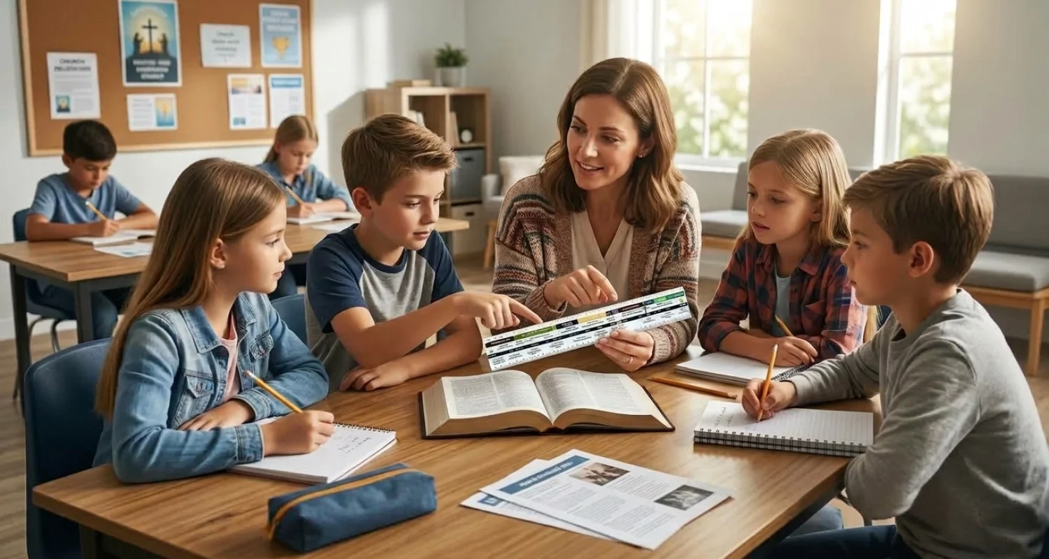 Sunday school teacher using the Bible timeline ruler with children in a classroom