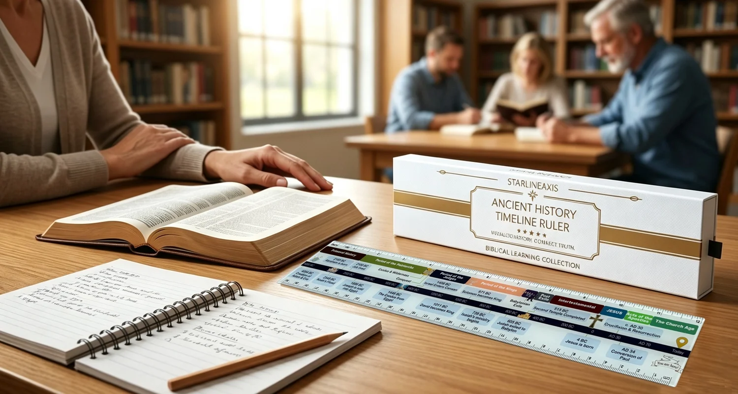 Bible timeline ruler and its box on a study table beside an open Bible in a library